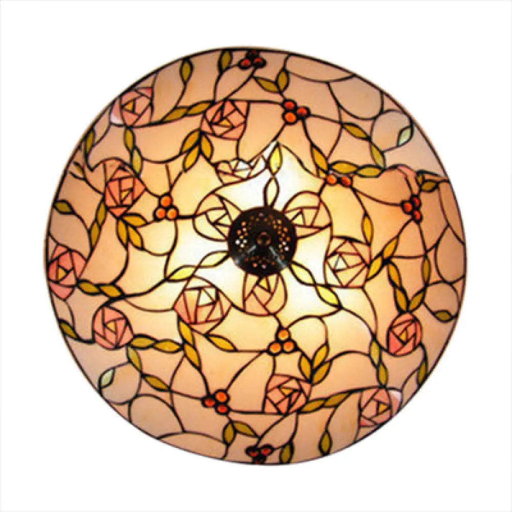 Art Glass Flushmount With Pink Rose And Leaf Lodge Design - 2 - Light Decorative Fixture For