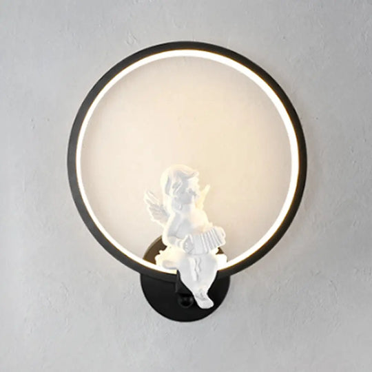 Art Ring Sconce Light: Little Angel Metal Resin Wall Lamp For Bedroom Bathroom Mirror Black / Left