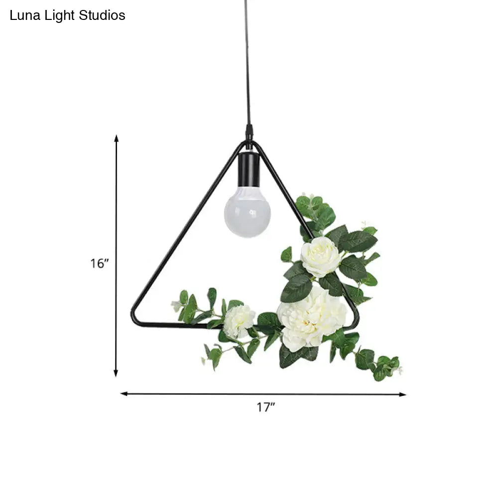 1 Bulb Artificial Flower Ceiling Pendant: Triangle/Round/Square Frame Loft Style Black Iron Down