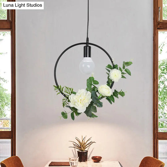 1 Bulb Artificial Flower Ceiling Pendant: Triangle/Round/Square Frame Loft Style Black Iron Down