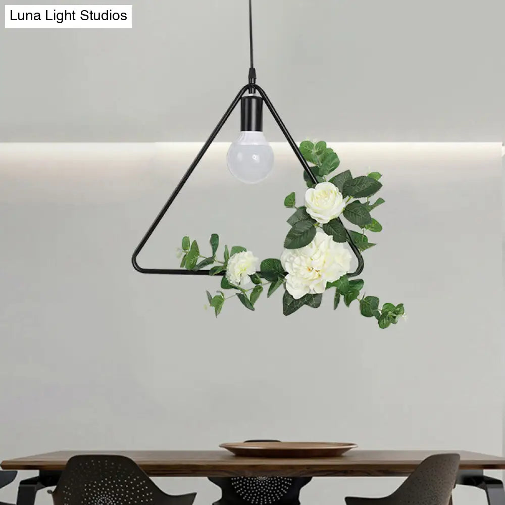 1 Bulb Artificial Flower Ceiling Pendant: Triangle/Round/Square Frame Loft Style Black Iron Down