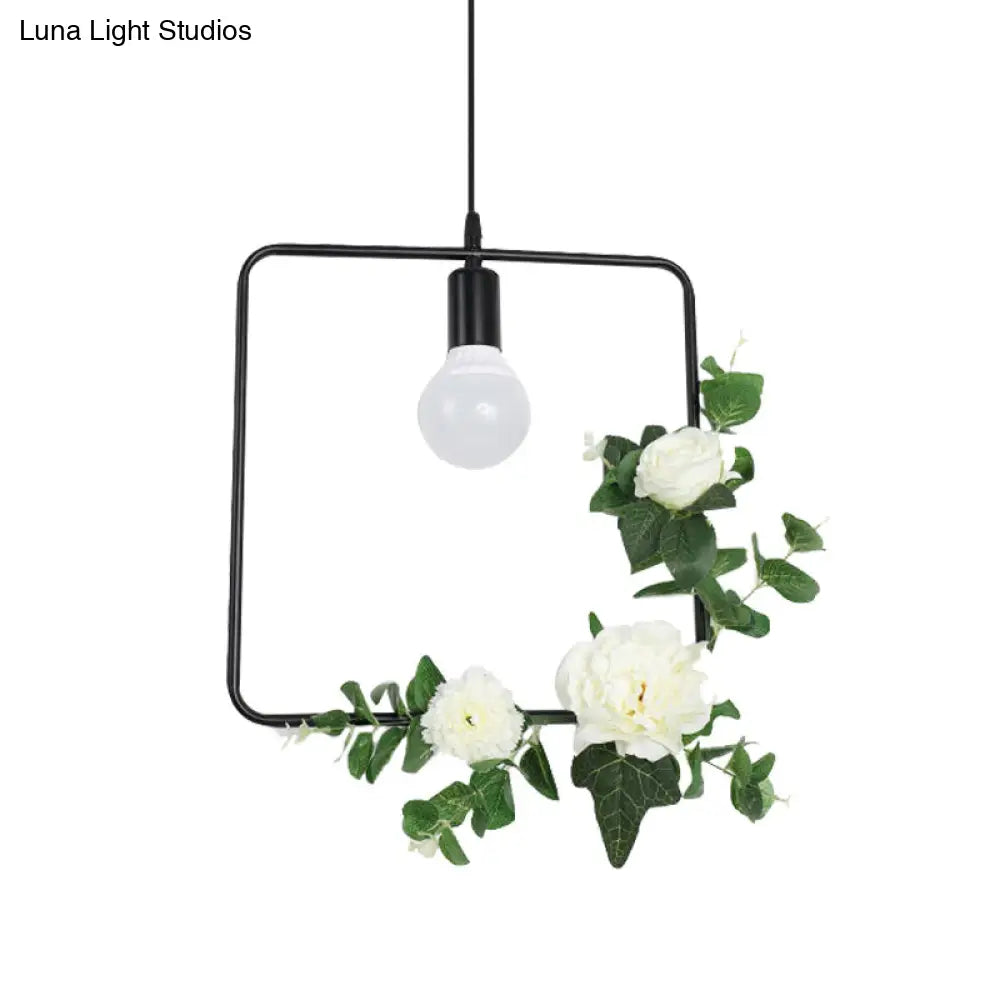 1 Bulb Artificial Flower Ceiling Pendant: Triangle/Round/Square Frame Loft Style Black Iron Down