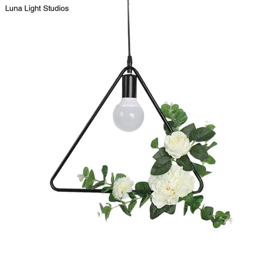 1 Bulb Artificial Flower Ceiling Pendant: Triangle/Round/Square Frame Loft Style Black Iron Down