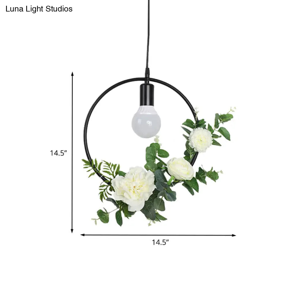 1 Bulb Artificial Flower Ceiling Pendant: Triangle/Round/Square Frame Loft Style Black Iron Down