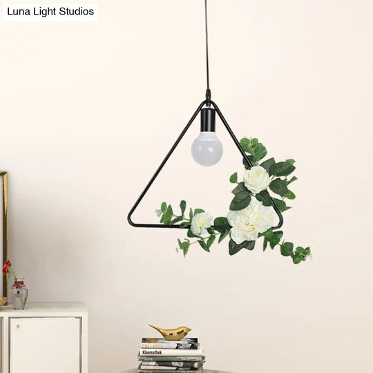 1 Bulb Artificial Flower Ceiling Pendant: Triangle/Round/Square Frame Loft Style Black Iron Down