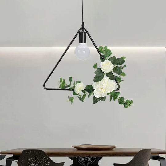 Artificial Flower Pendant With Loft Style Iron Frame - Triangle Round Square Design Black /
