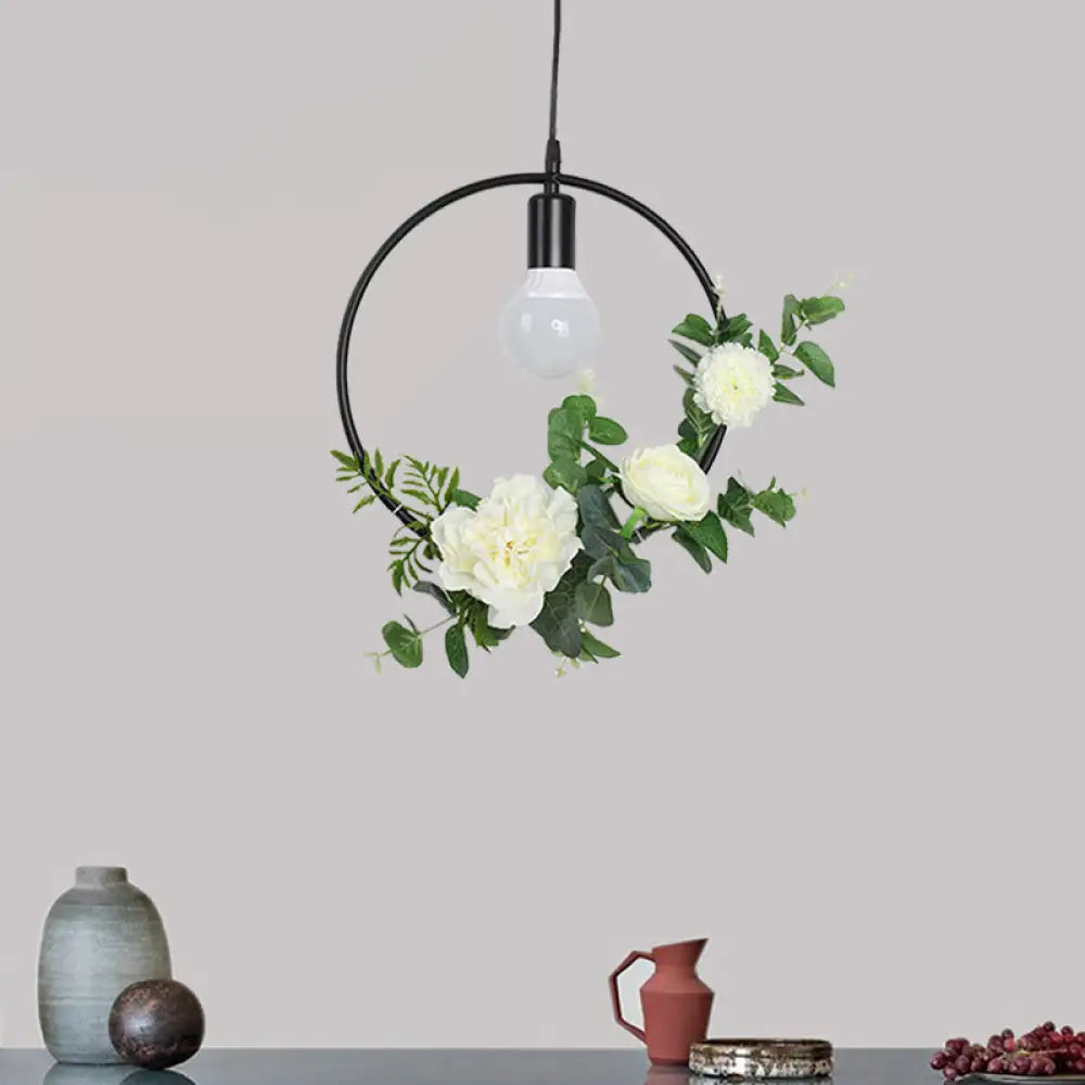 Artificial Flower Pendant With Loft Style Iron Frame - Triangle Round Square Design Black /