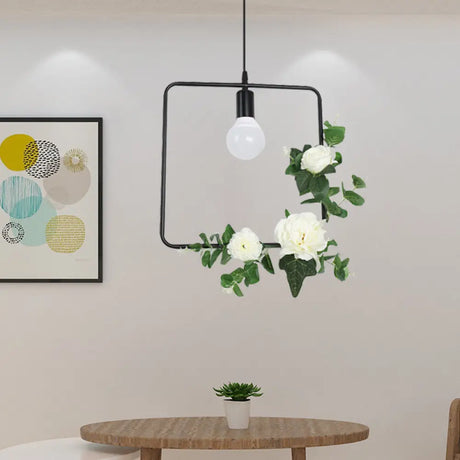 Artificial Flower Pendant With Loft Style Iron Frame - Triangle Round Square Design Black /
