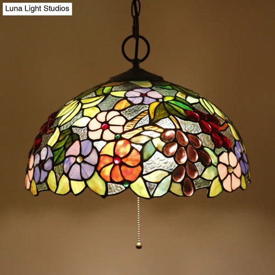 Artisan Glass Chandelier With Plant Pattern - Hand-Crafted Dome Design 3 Lights Black Mediterranean