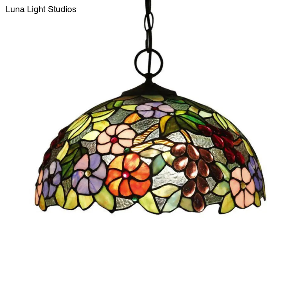 Artisan Glass Chandelier With Plant Pattern - Hand-Crafted Dome Design 3 Lights Black Mediterranean