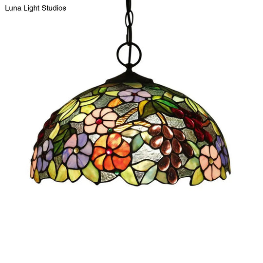 Artisan Glass Chandelier With Plant Pattern - Hand-Crafted Dome Design 3 Lights Black Mediterranean