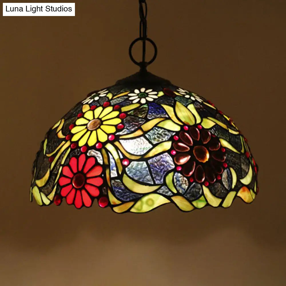 Artisan Glass Chandelier With Plant Pattern - Hand-Crafted Dome Design 3 Lights Black Mediterranean