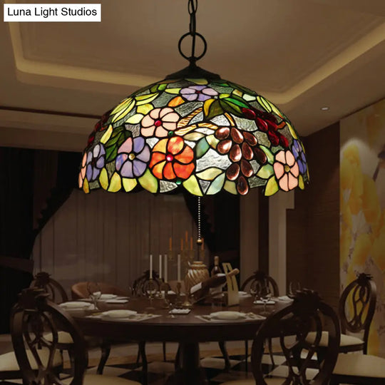 Artisan Glass Chandelier With Plant Pattern - Hand-Crafted Dome Design 3 Lights Black Mediterranean