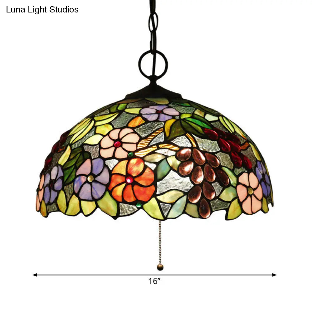 Artisan Glass Chandelier With Plant Pattern - Hand-Crafted Dome Design 3 Lights Black Mediterranean