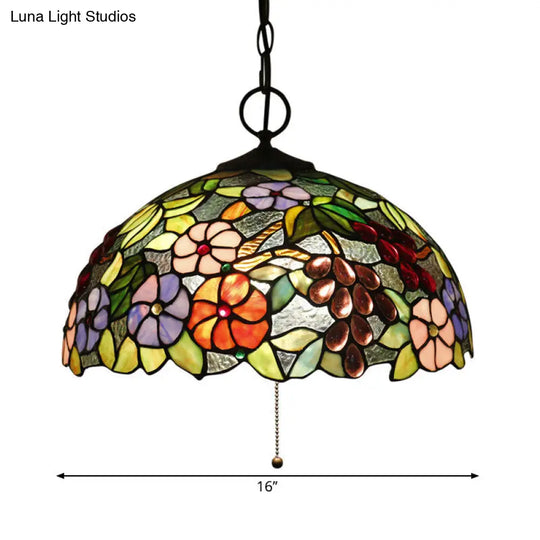 Artisan Glass Chandelier With Plant Pattern - Hand-Crafted Dome Design 3 Lights Black Mediterranean