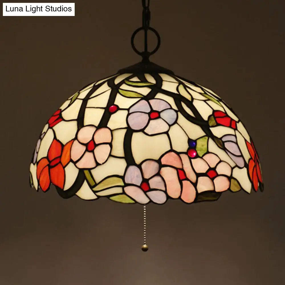 Artisan Glass Chandelier With Plant Pattern - Hand-Crafted Dome Design 3 Lights Black Mediterranean