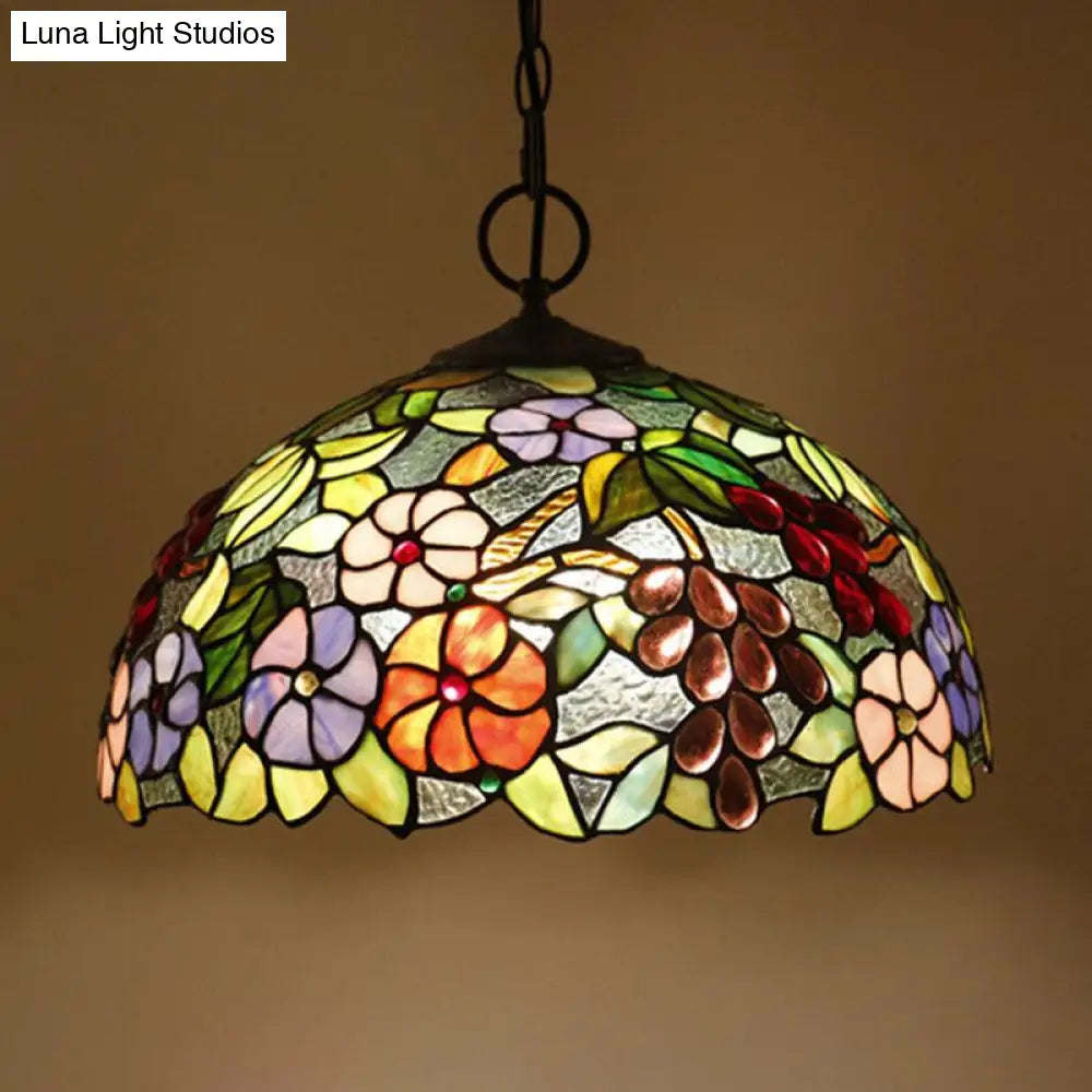 Artisan Glass Chandelier With Plant Pattern - Hand-Crafted Dome Design 3 Lights Black Mediterranean