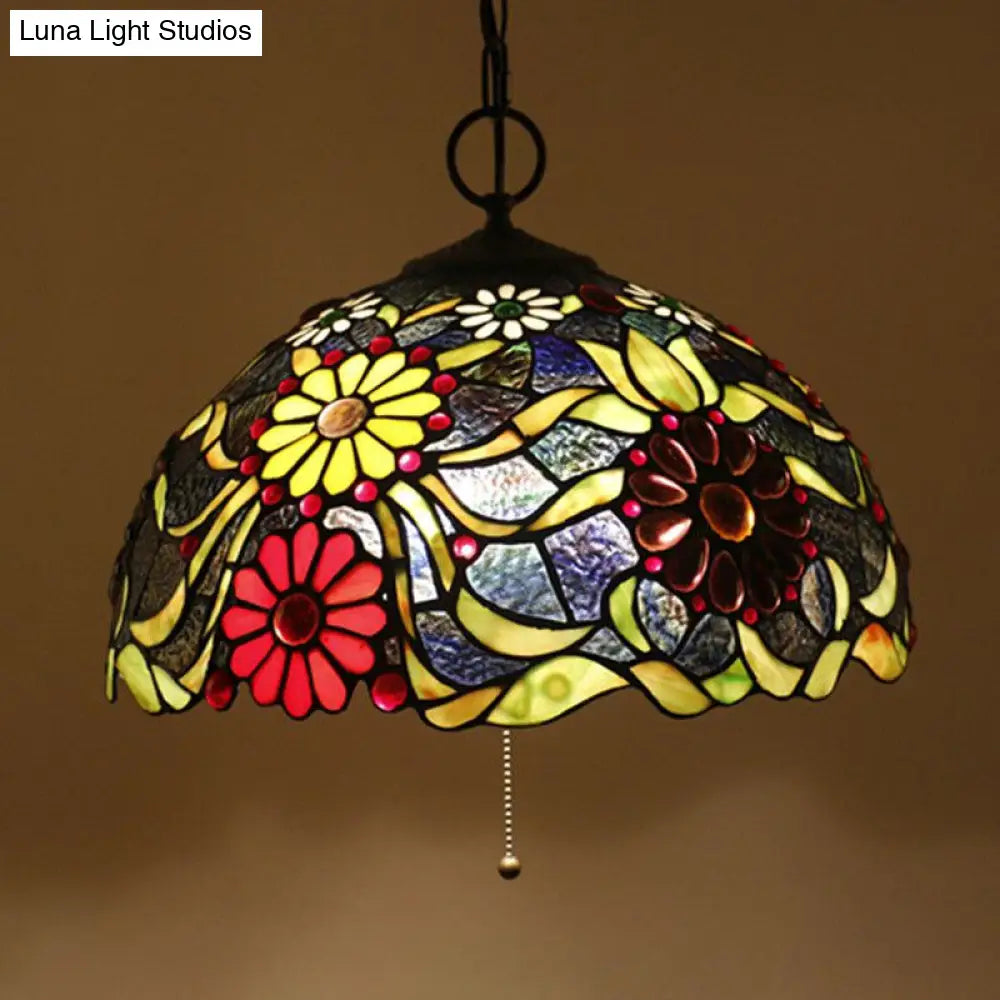 Artisan Glass Chandelier With Plant Pattern - Hand-Crafted Dome Design 3 Lights Black Mediterranean