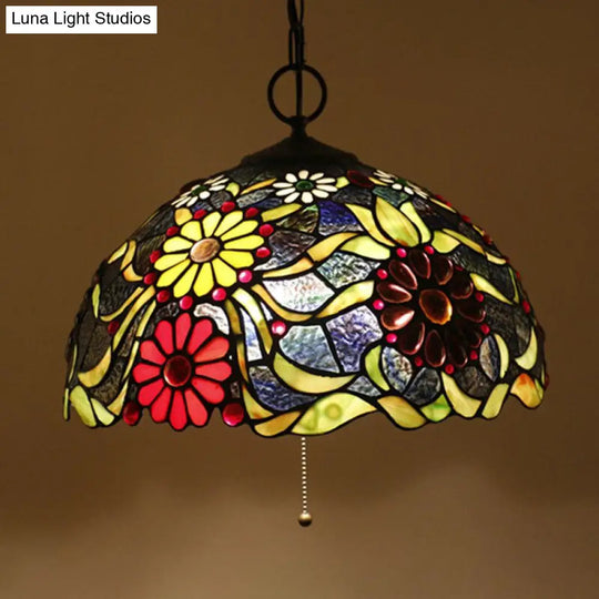 Artisan Glass Chandelier With Plant Pattern - Hand-Crafted Dome Design 3 Lights Black Mediterranean