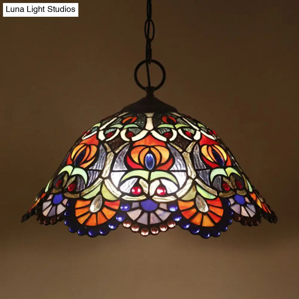 Artisan Glass Chandelier With Plant Pattern - Hand-Crafted Dome Design 3 Lights Black Mediterranean