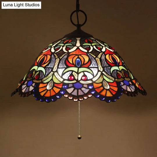 Artisan Glass Chandelier With Plant Pattern - Hand-Crafted Dome Design 3 Lights Black Mediterranean