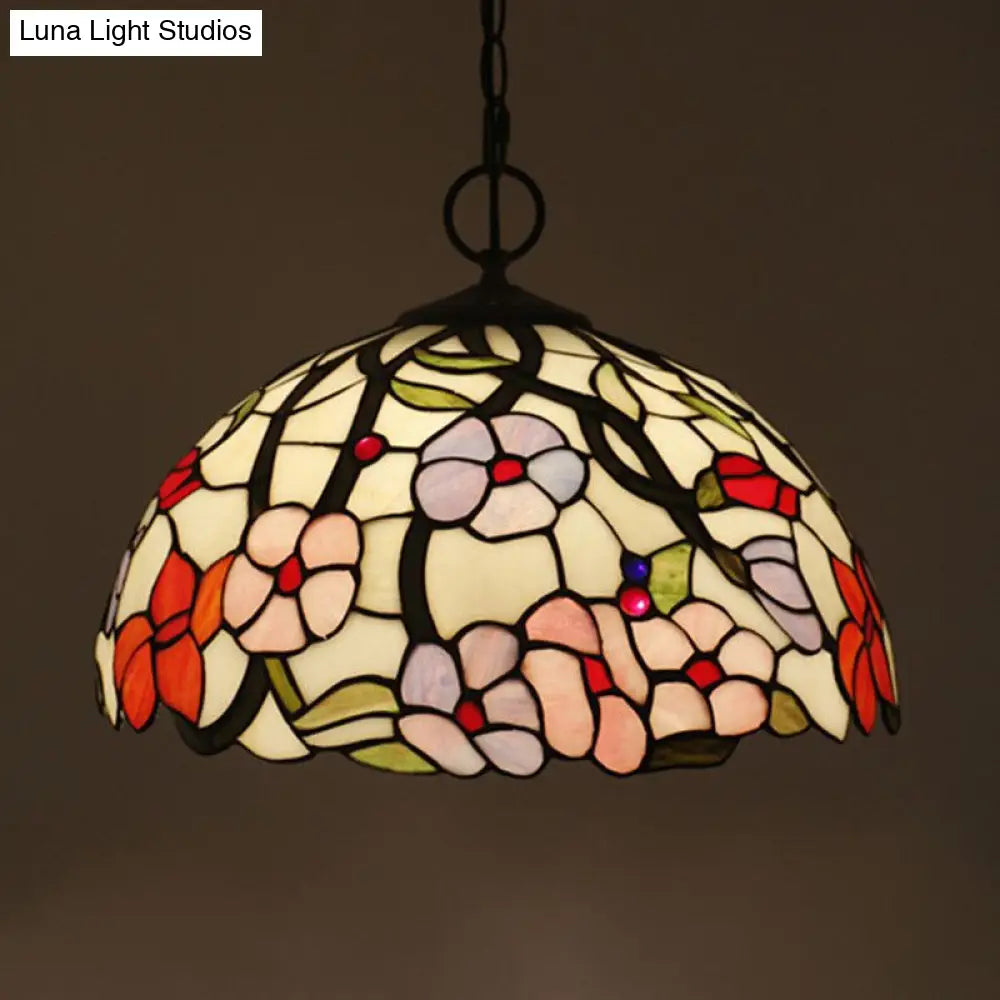 Artisan Glass Chandelier With Plant Pattern - Hand-Crafted Dome Design 3 Lights Black Mediterranean