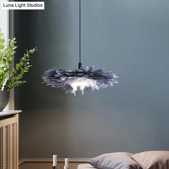 Artistic 1-Head Black And Blue Floral Feather Hanging Light Fixture For Bedroom