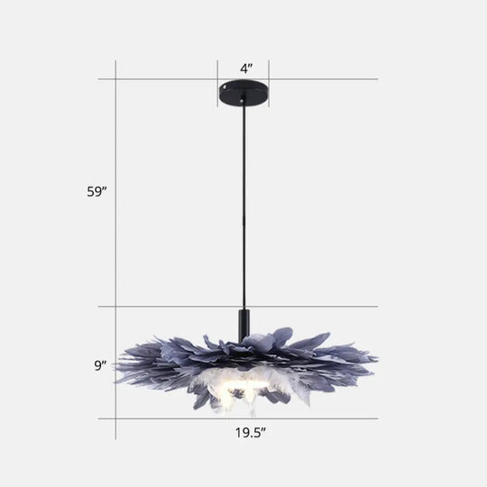 Artistic 1-Head Black And Blue Floral Feather Hanging Light Fixture For Bedroom / 20’