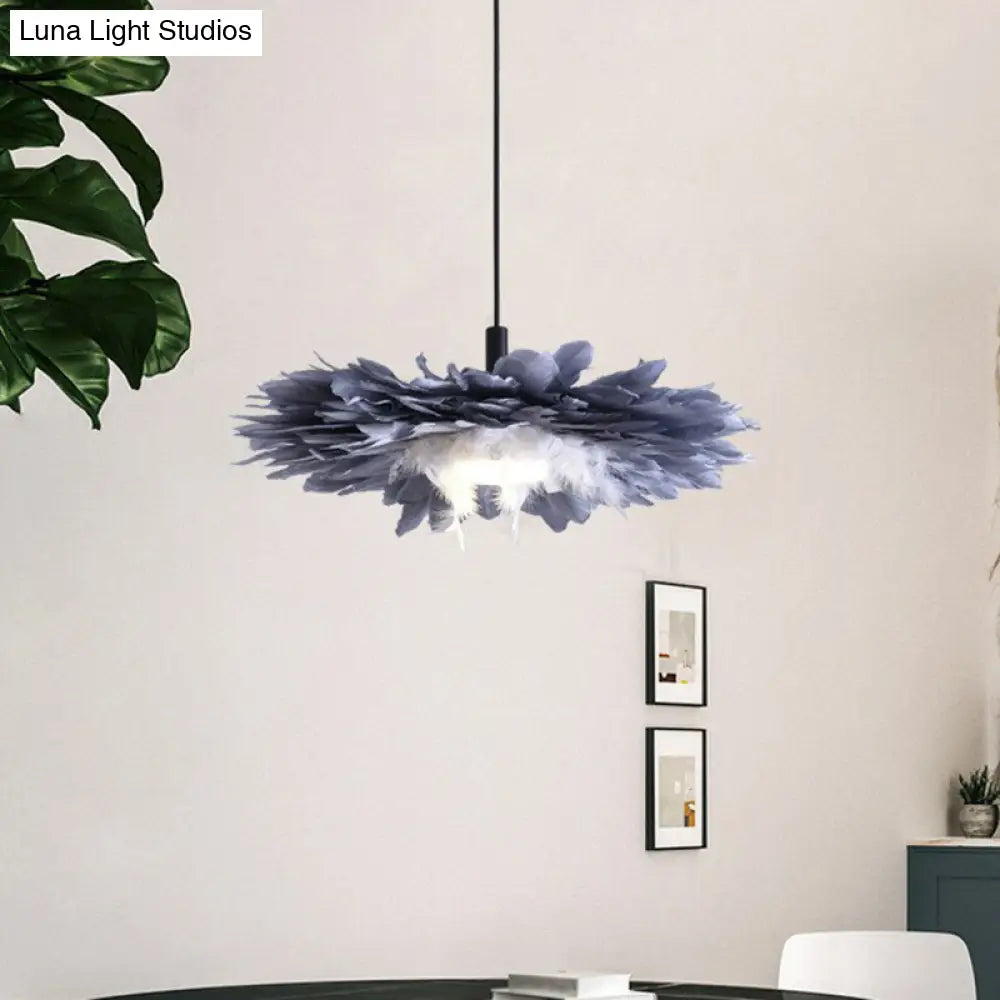 Artistic 1-Head Floral Feather Hanging Light Fixture In Black And Blue - Ideal For Bedroom