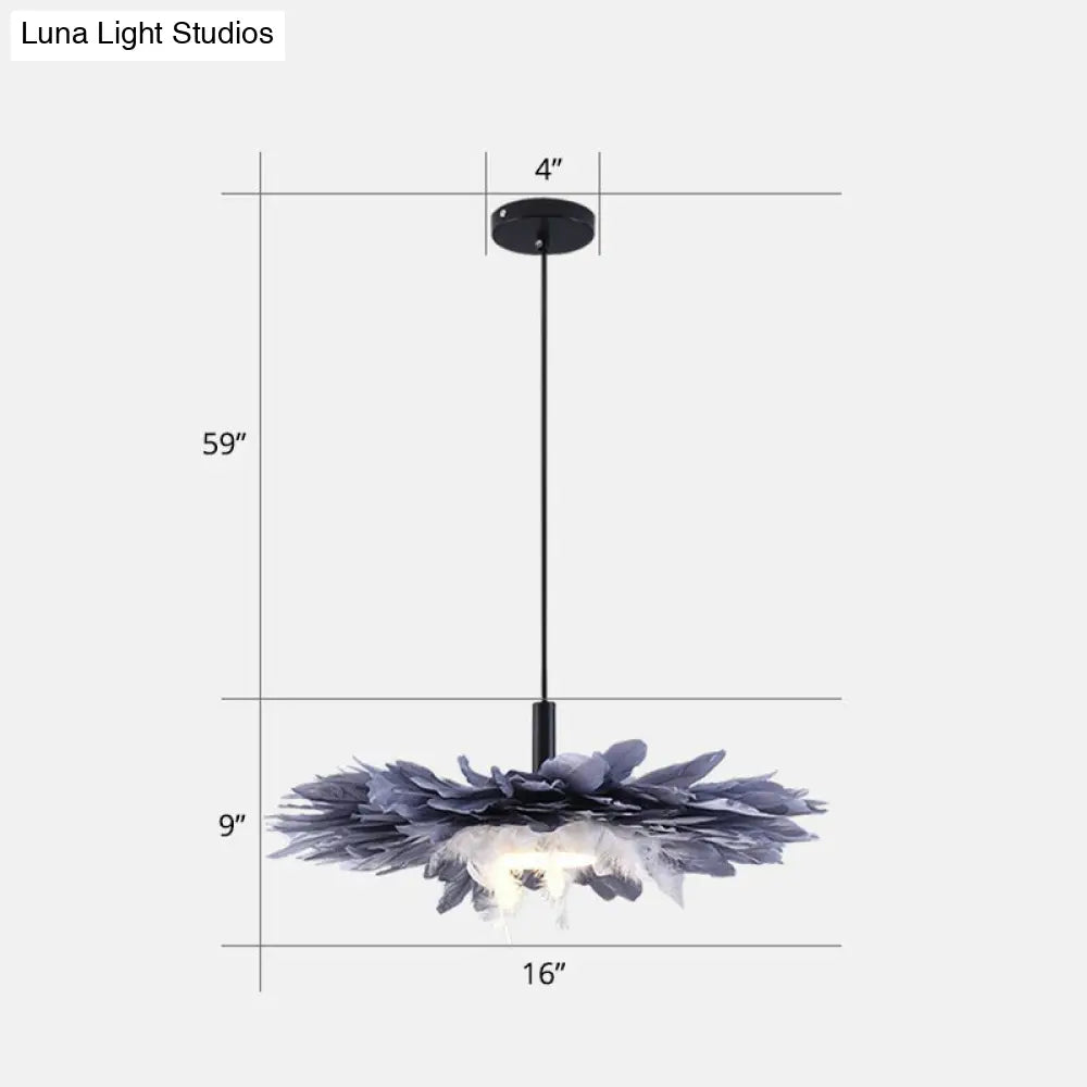 Artistic 1-Head Floral Feather Hanging Light Fixture In Black And Blue - Ideal For Bedroom / 16