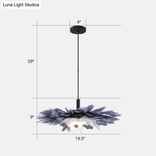 Artistic 1-Head Floral Feather Hanging Light Fixture In Black And Blue - Ideal For Bedroom / 20