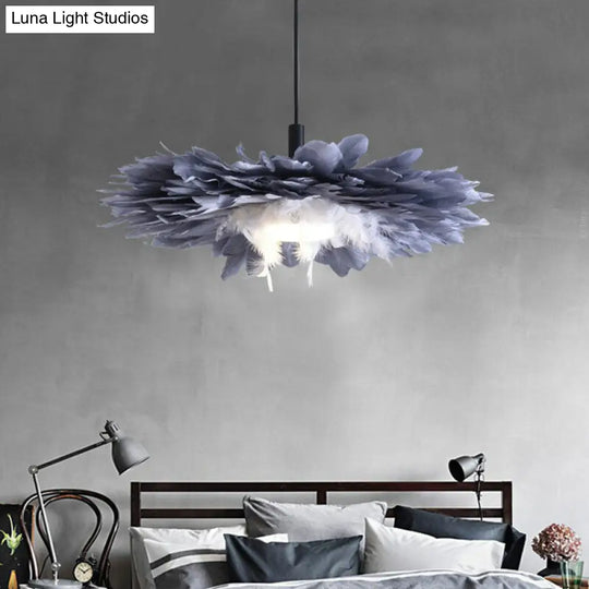 Artistic 1-Head Floral Feather Hanging Light Fixture In Black And Blue - Ideal For Bedroom