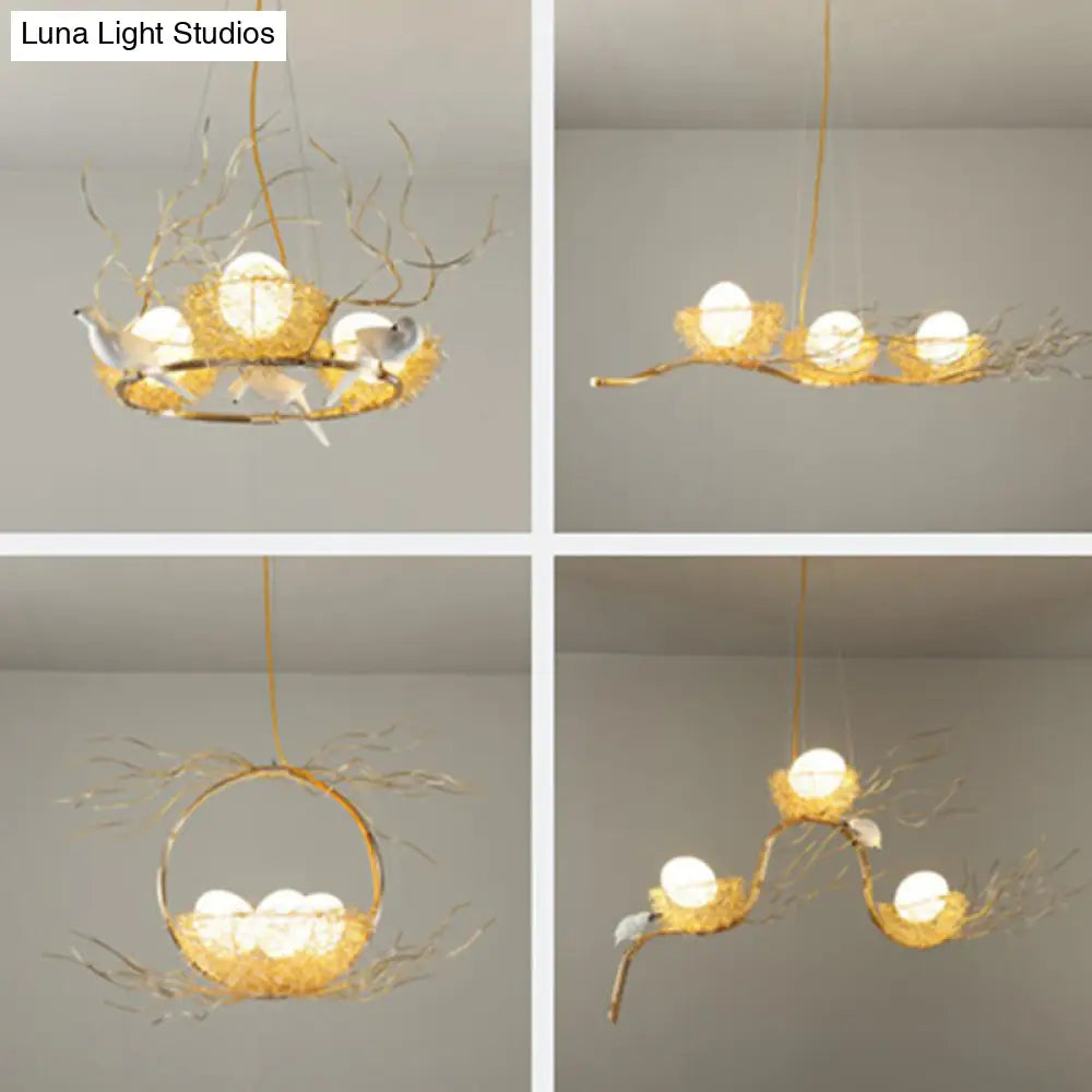 Artistic 3-Light Beige Nest And Egg Island Hanging Light With Cream Glass Shade