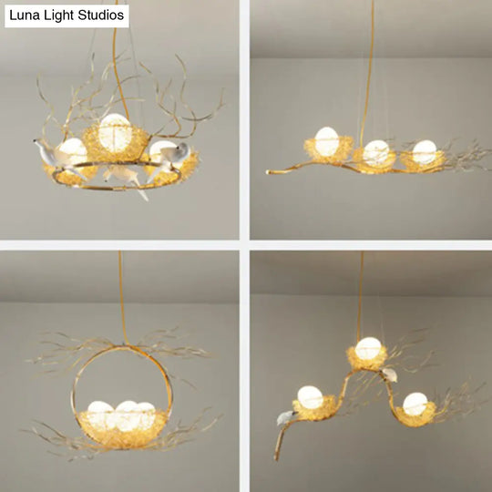 Artistic 3-Light Beige Nest And Egg Island Hanging Light With Cream Glass Shade