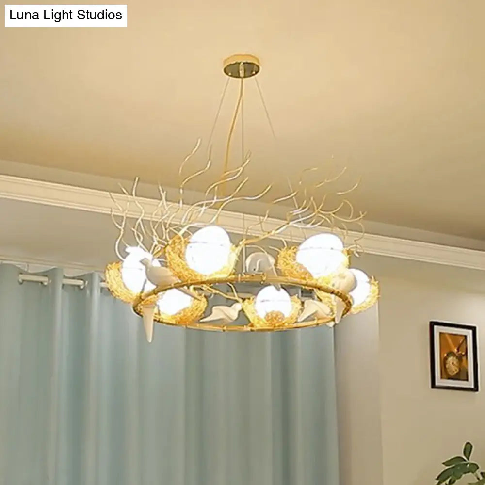 Artistic 3-Light Beige Nest And Egg Island Hanging Light With Cream Glass Shade