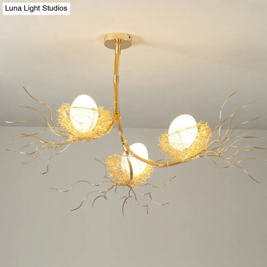 Artistic 3-Light Beige Nest And Egg Island Pendant With Cream Glass Shade