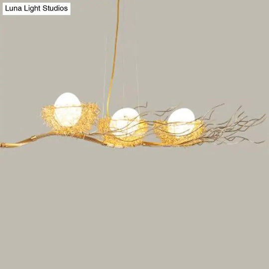 Artistic 3-Light Beige Nest And Egg Island Hanging Light With Cream Glass Shade / Branch