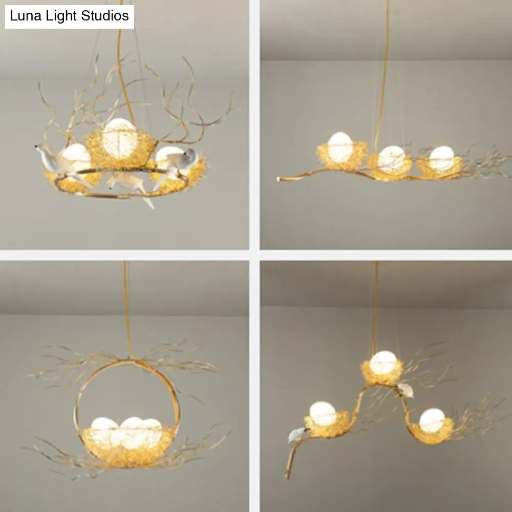 Artistic 3-Light Beige Nest And Egg Island Pendant With Cream Glass Shade