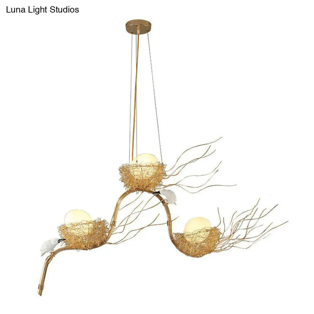 Artistic 3-Light Beige Nest And Egg Island Hanging Light With Cream Glass Shade