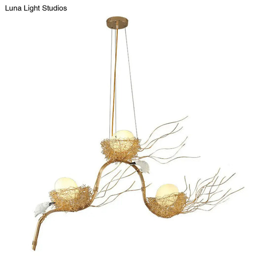 Artistic 3-Light Beige Nest And Egg Island Hanging Light With Cream Glass Shade