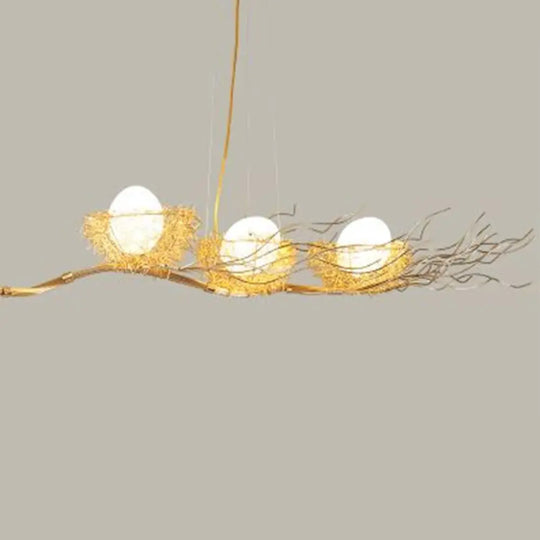 Artistic 3-Light Beige Nest And Egg Island Pendant With Cream Glass Shade / Branch