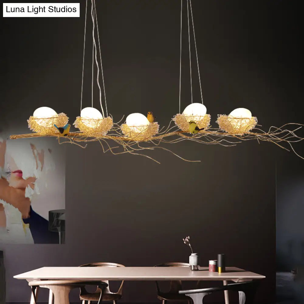 Artistic Aluminum Wire Nest Island Lamp With Wood Egg And Bird: A Unique Suspension For Dining Room