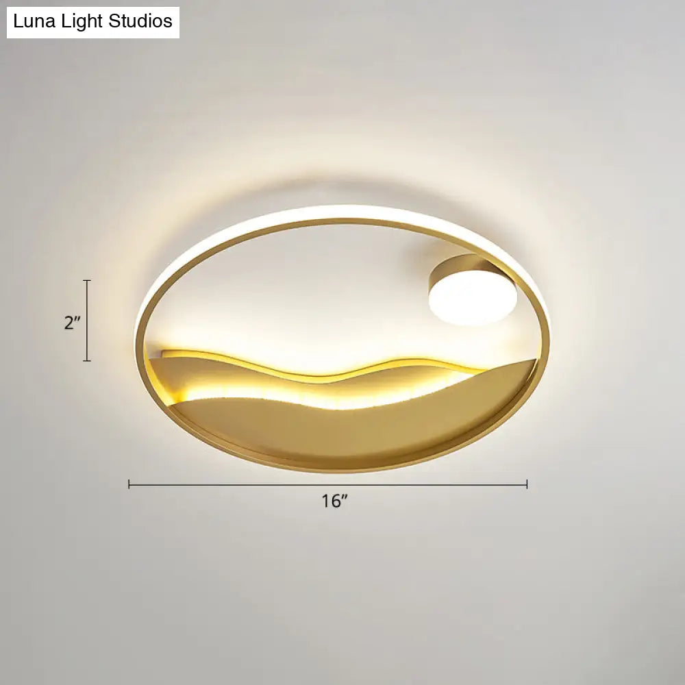 Artistic Bedroom Ambiance: Sunrise And Sea Led Flush Mount Ceiling Light With A Metal Halo Ring