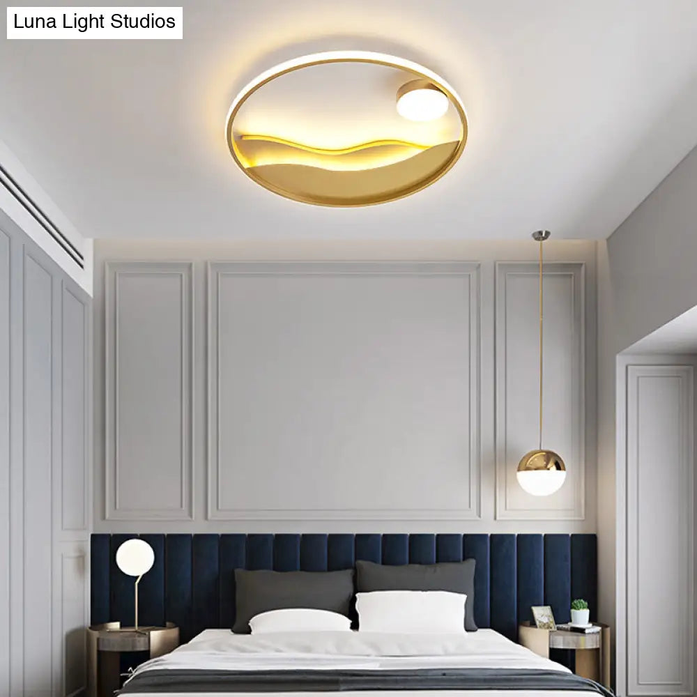 Artistic Bedroom Ambiance: Sunrise And Sea Led Flush Mount Ceiling Light With A Metal Halo Ring