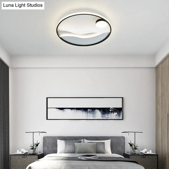 Artistic Bedroom Ambiance: Sunrise And Sea Led Flush Mount Ceiling Light With A Metal Halo Ring