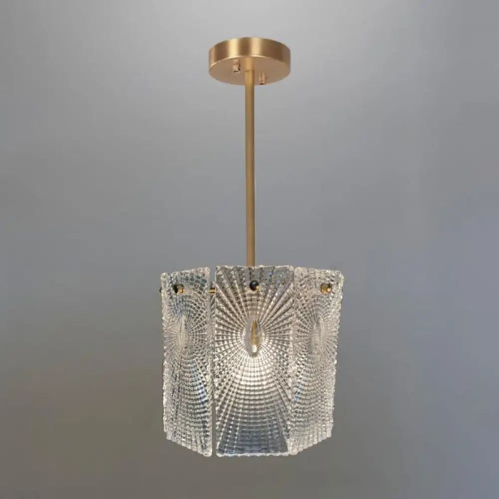 Artistic Clear Carved Glass Chandelier Light - Gold Drum Suspension For Dining Room / 8