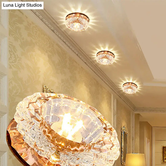 Artistic Crystal Flush Light Fixture - Contemporary Led Ceiling For Hallways Floral Shade Clear Tan