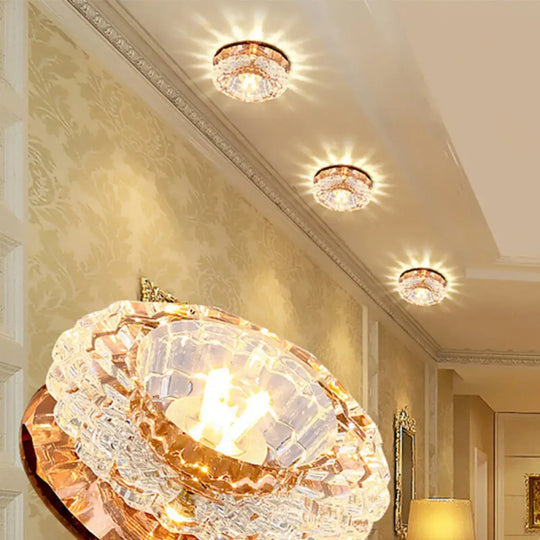 Artistic Crystal Flush Light Fixture - Contemporary Led Ceiling For Hallways Floral Shade Clear Tan