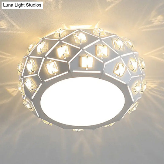 Artistic Crystal Led Flush Ceiling Light In White Drum Shape For Corridor