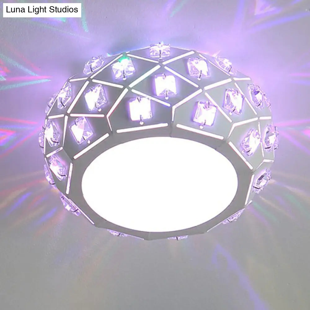 Artistic Crystal Led Flush Ceiling Light In White Drum Shape For Corridor